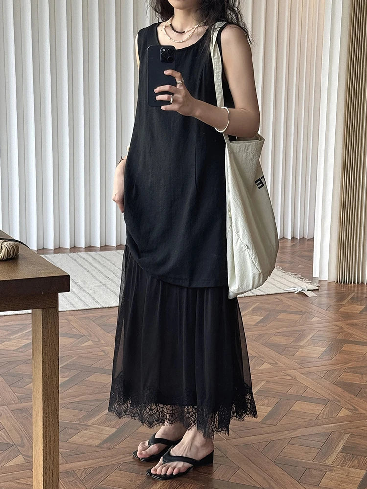 Women Beige Mesh Lace Spliced Elegant Long Vest Dress New Round Neck Sleeveless Fashion Tide Spring Summer 2025 1DJ1216