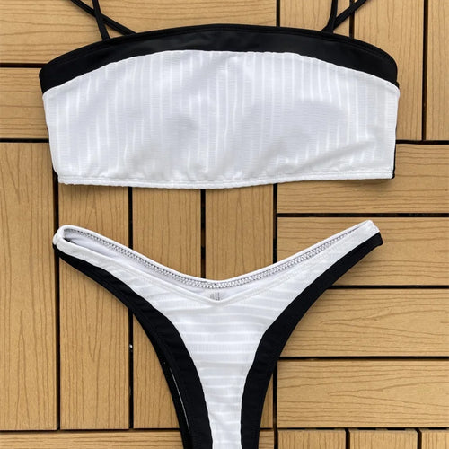 Load image into Gallery viewer, White Black Bandeau Bikini 2024 Female Brazilian Bikini Set Solid High Waist Swimwear Women Bathing Suit For Women
