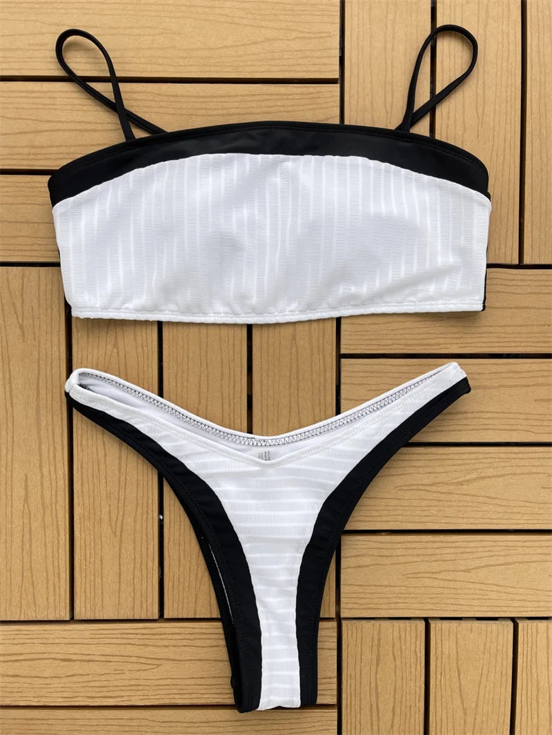 White Black Bandeau Bikini 2024 Female Brazilian Bikini Set Solid High Waist Swimwear Women Bathing Suit For Women