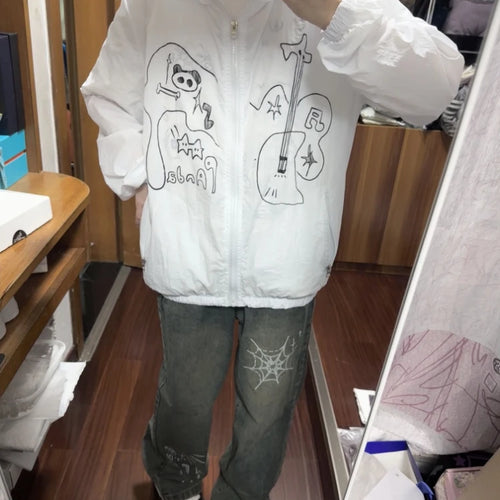 Load image into Gallery viewer, Outdoor Sun Protection Y2k Aesthetic Cartoon Jackets Women Grunge Thin Simple Hooded Coat Streetwear Casual Zipper Femme Tops
