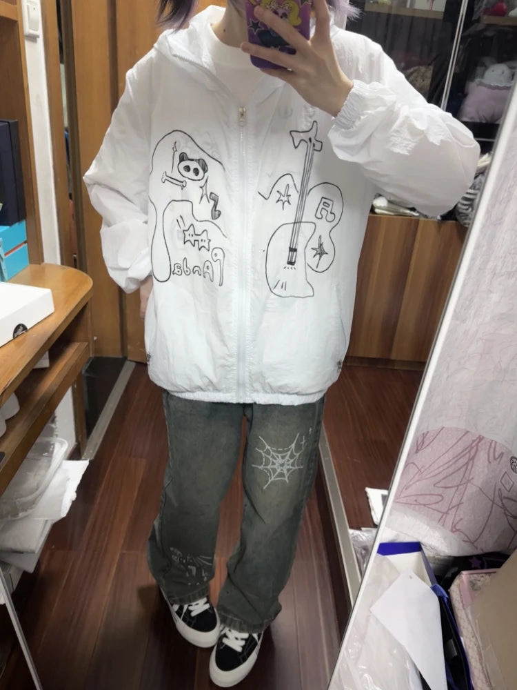 Outdoor Sun Protection Y2k Aesthetic Cartoon Jackets Women Grunge Thin Simple Hooded Coat Streetwear Casual Zipper Femme Tops