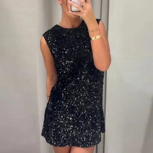 Load image into Gallery viewer, Sequins Backless Bow Sexy Mini Dress For Women Robe 2025 New Sleeveless A-line Sparkle Club Dress Elegant Vestido
