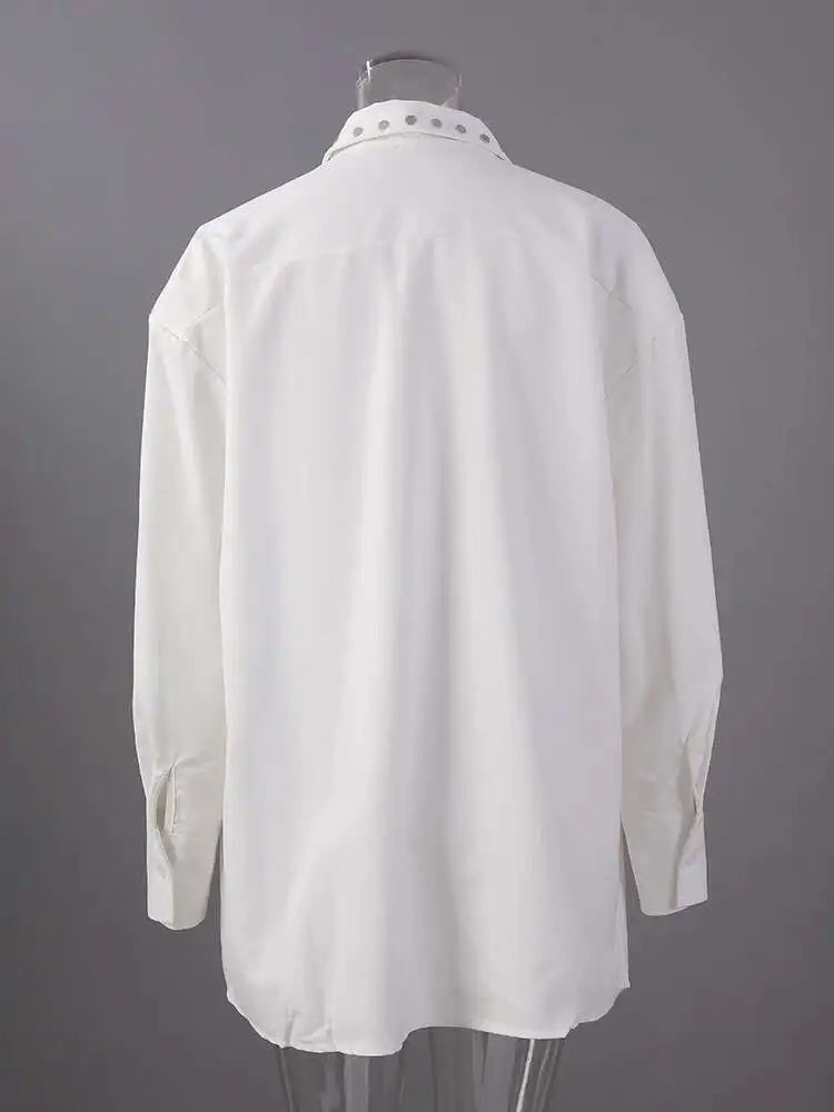 Women White Rivet Spliced Big Size Casual Blouse New Lapel Long Sleeve Shirt Fashion Tide Spring Autumn 2025 CPG2917