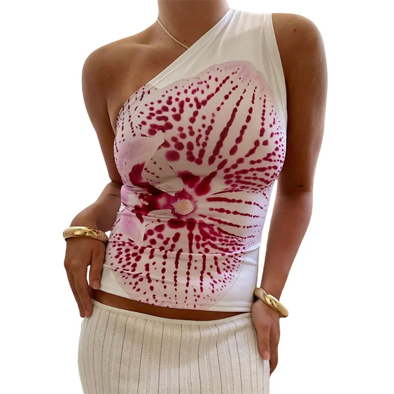 One Shoulder Tank Top for Women Floral Print Sleeveless Backless Vest Cropped T Shirt y2k Aesthetic Clothing Streetwear
