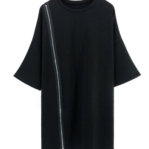 Load image into Gallery viewer, Women Black Zipper Irregular Big Size Long T-shirt New Round Neck Half Sleeve Fashion Tide Spring Summer 2025 1DJ1877
