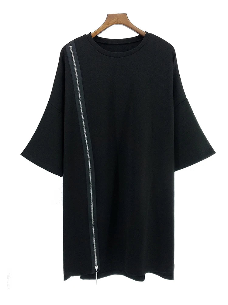 Women Black Zipper Irregular Big Size Long T-shirt New Round Neck Half Sleeve Fashion Tide Spring Summer 2025 1DJ1877