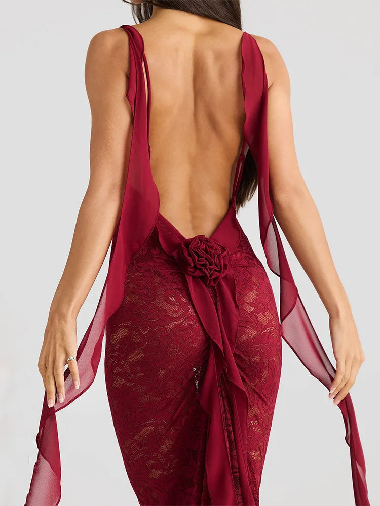 Sexy Sleeveless Lace Patchwork Print Women Backless Party Evening Dress 2024 New Trailing Long Skirt Flowing Vestido