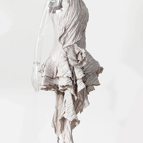 Load image into Gallery viewer, Women Silver Gray Textured Pleated Ruffles Vest Dress New Round Neck Sleeveless Fashion Tide Spring Summer 2025 7AB9278
