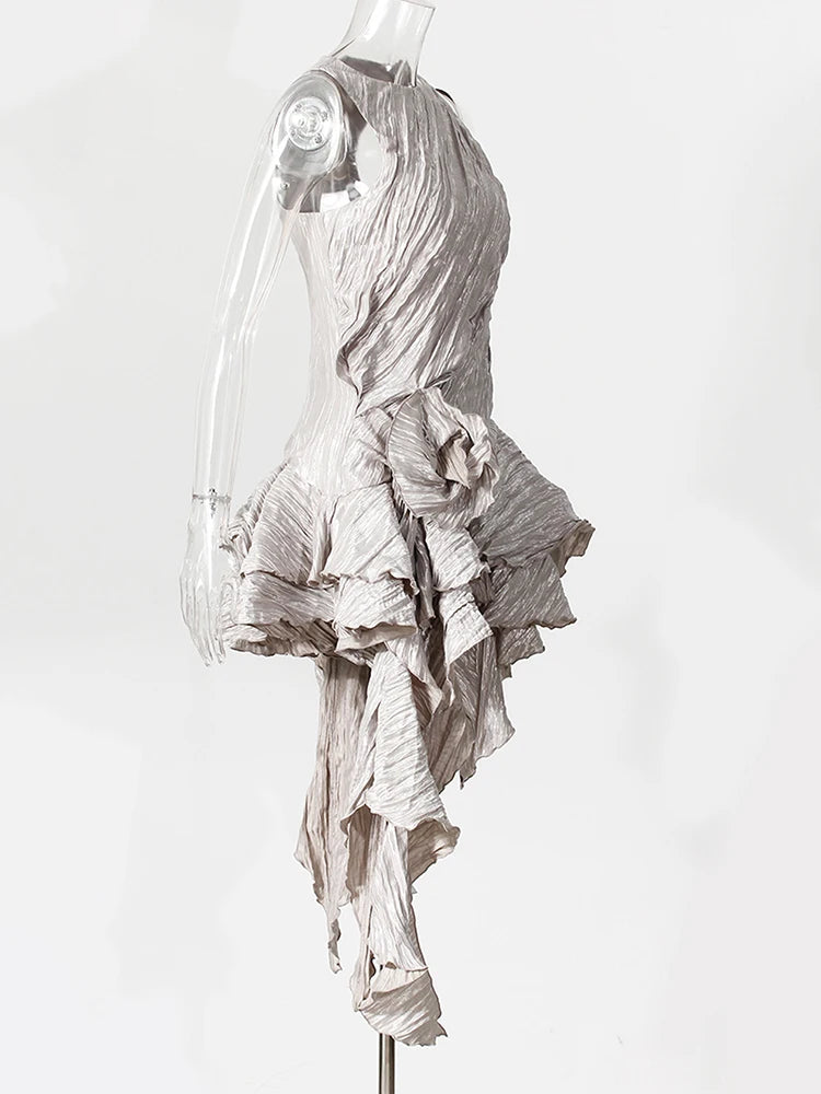 Women Silver Gray Textured Pleated Ruffles Vest Dress New Round Neck Sleeveless Fashion Tide Spring Summer 2025 7AB9278