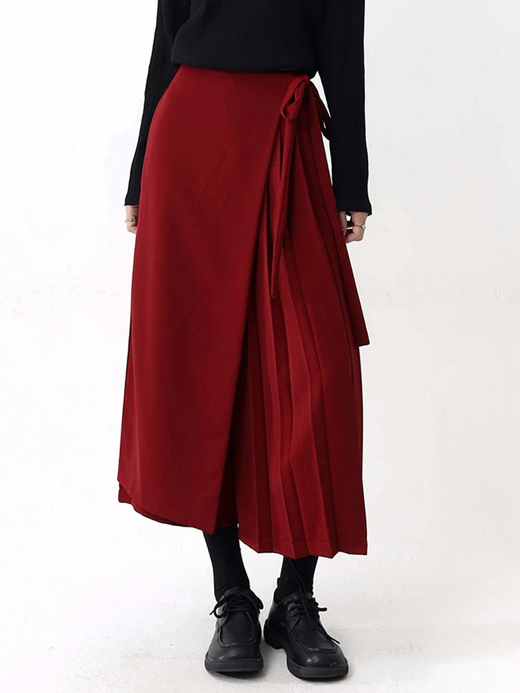 High Elastic Waist Red Pleated Bandage Elegant Wide Leg Pants New Trousers Women Fashion Tide Spring Autumn 2025 1DH9565