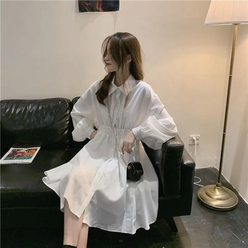 Load image into Gallery viewer, Shirt Dress Women Korean Style Polo Collar Black Long Sleeve Wrap Mini Dress Casual Solid Kpop Clothes Woman
