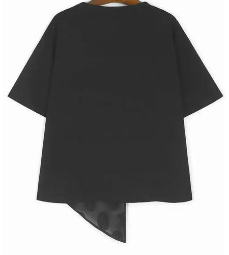 Women Black Dot Irregular Hem Big Size Casual T-shirt New Round Neck Short Sleeve Fashion Tide Spring Summer 2025 1DH9968