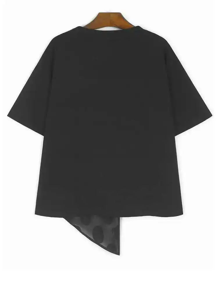 Women Black Dot Irregular Hem Big Size Casual T-shirt New Round Neck Short Sleeve Fashion Tide Spring Summer 2025 1DH9968