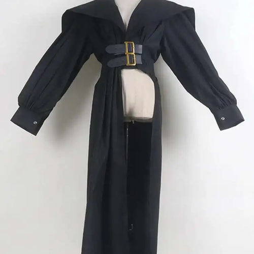 Load image into Gallery viewer, Women Black Irregular Shirt Dress New Lapel Lartern Long Sleeve Belt Waist Loose Fashion Tide Spring Autumn 2025 1DH2257
