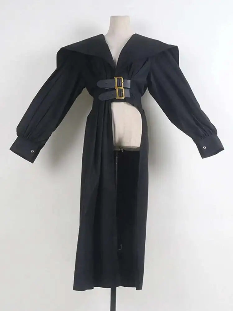 Women Black Irregular Shirt Dress New Lapel Lartern Long Sleeve Belt Waist Loose Fashion Tide Spring Autumn 2025 1DH2257