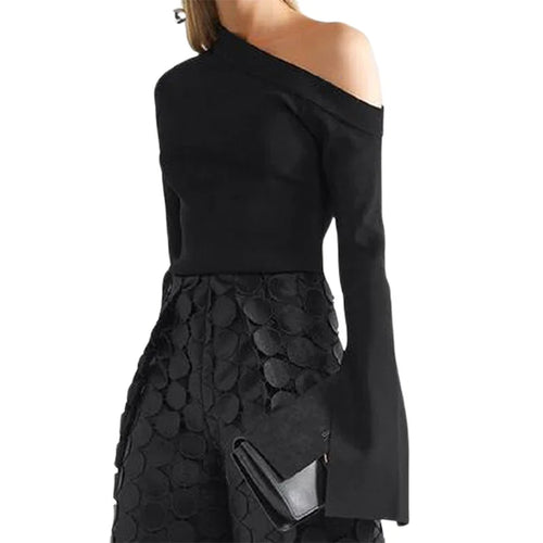 Load image into Gallery viewer, Women Asymmetric Black One-Shoulder Causal T-Shirts Spring Long Sleeves Simple Skinny Tops Pullovers 2024 New
