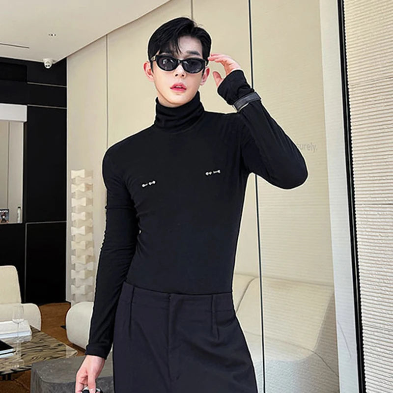 Slim Male Long Sleeve T-shirts Autumn New Versatile Detachable Breastpin Fashion Niche Design Korean Underlay Tops 9C1590