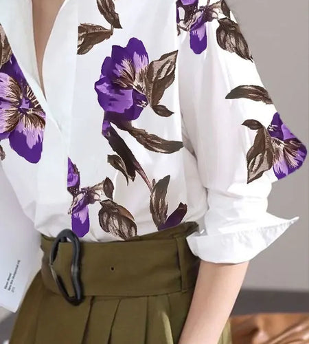 Summer Spring Casual White Shirts for Women Long Sleeves Urban Elegant Stand Collar Woman Flower Print Blouse Tops