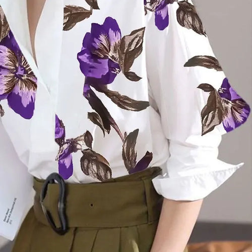 Load image into Gallery viewer, Summer Spring Casual White Shirts for Women Long Sleeves Urban Elegant Stand Collar Woman Flower Print Blouse Tops
