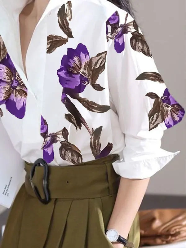 Summer Spring Casual White Shirts for Women Long Sleeves Urban Elegant Stand Collar Woman Flower Print Blouse Tops