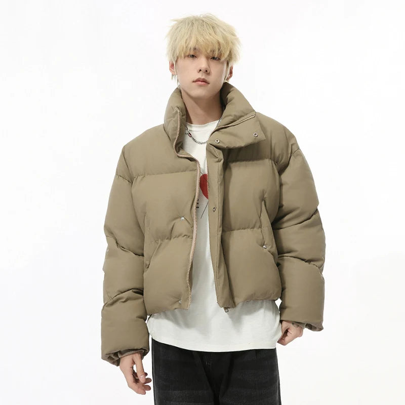 Korean Style Men's Parkas Stand Collar Thickened Soli D Color Simple Drawstring Winter Casual Short Padded Jackets 9C8970