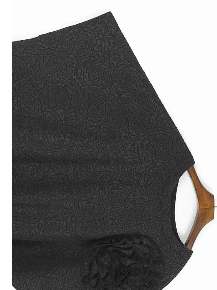 Women Black Three-dimensional Flower Big Size Midi Dress New Round Neck Half Sleeve Fashion Spring Autumn 2025  1DJ1104