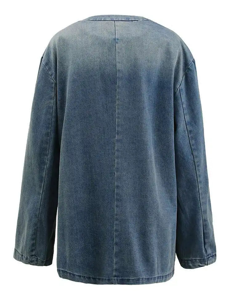 Blue Denim Vintage Big Size Pocket Jacket New V-neck Long Sleeve Women Coat Fashion Tide Spring Autumn 2025 CPG1579