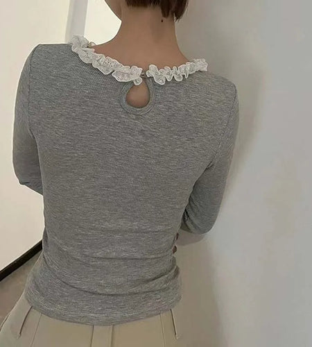 y2k Tops Women Aesthetic Clothes Lace Trim Round Neck Long Sleeve Ribbed T Shirt Spring Fall Clothing 2000s Streetwear