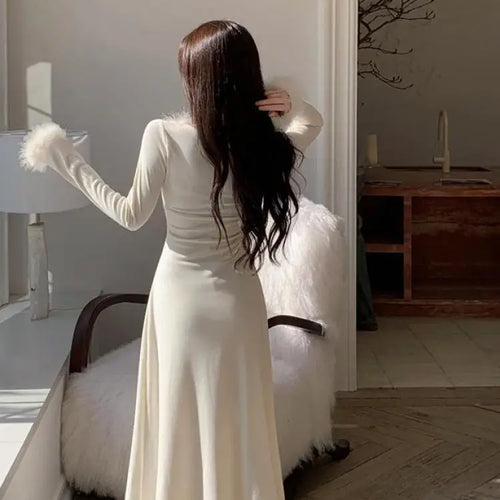 Load image into Gallery viewer, Vintage 2024 Autumn Winter White Elegant Party Dress Korean Fashion Woman Long Sleeve Hairy Square Neck Pleated Dress Slim Trend

