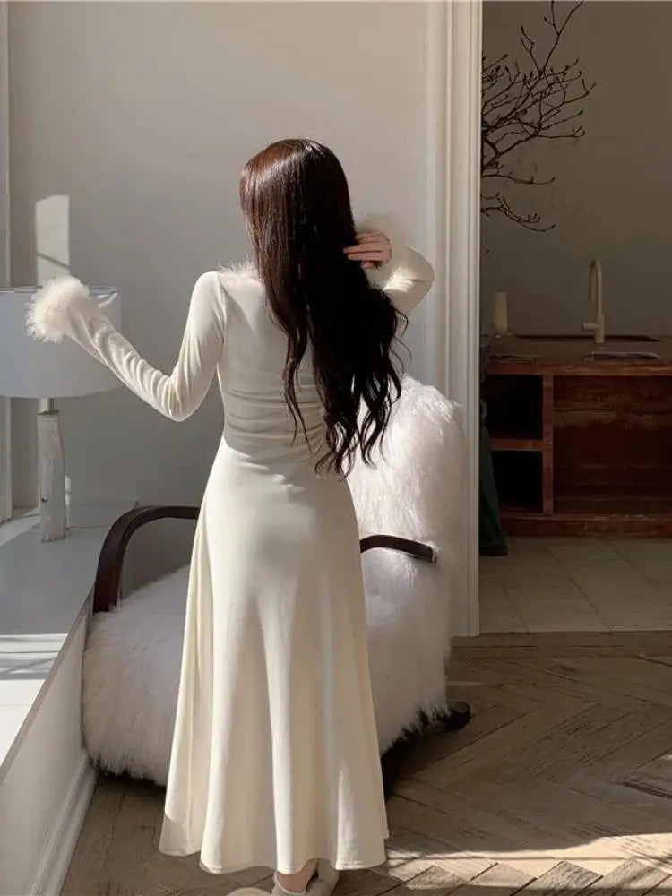 Vintage 2024 Autumn Winter White Elegant Party Dress Korean Fashion Woman Long Sleeve Hairy Square Neck Pleated Dress Slim Trend