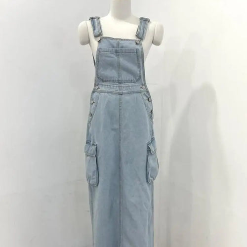 Load image into Gallery viewer, Women Blue Workwear Pocket Design Denim Straps Dress Spring Summer Sleeveless Straight Slip Long Jeans Dresses Female Vestidos
