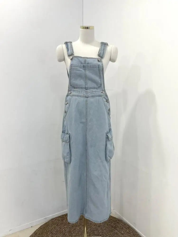 Women Blue Workwear Pocket Design Denim Straps Dress Spring Summer Sleeveless Straight Slip Long Jeans Dresses Female Vestidos