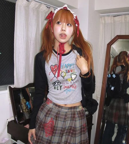 Japanese Y2k Graffiti Print T-shirt Trashy 2000s Style Long Sleeve Patchwork Tops Vintage Harajuku Crop Top American 90s