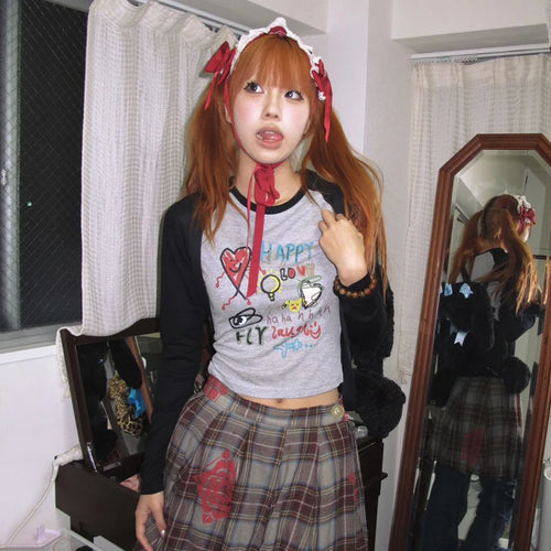 Load image into Gallery viewer, Japanese Y2k Graffiti Print T-shirt Trashy 2000s Style Long Sleeve Patchwork Tops Vintage Harajuku Crop Top American 90s
