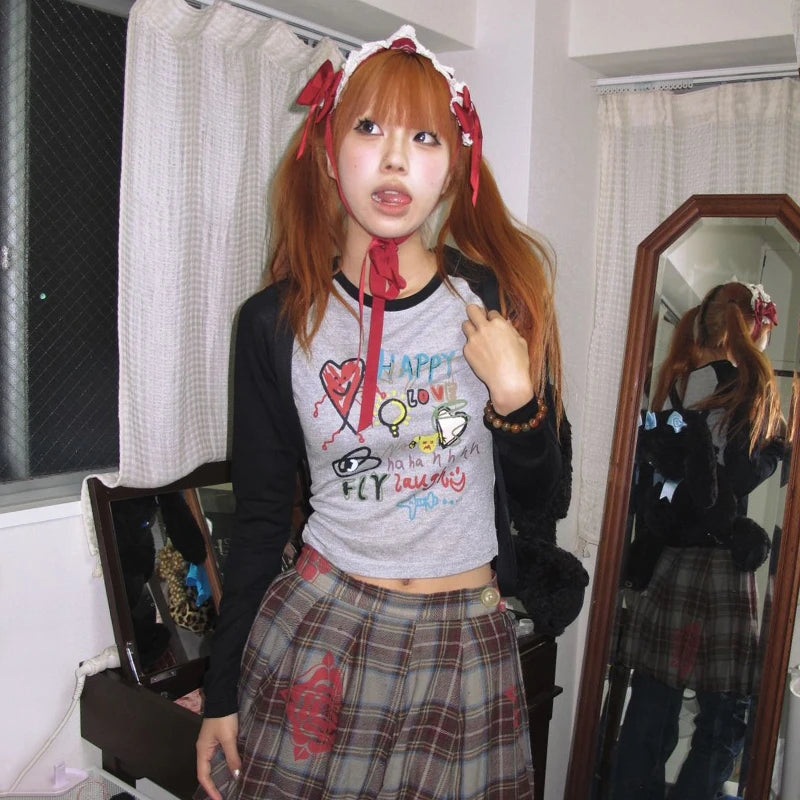 Japanese Y2k Graffiti Print T-shirt Trashy 2000s Style Long Sleeve Patchwork Tops Vintage Harajuku Crop Top American 90s