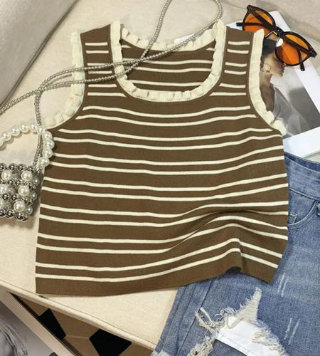 Summer Vintage New 2024 Chic Korean Fashion Striped Patchwork Ruffles Knitted Tops Women Lady White Sleeveless Ice Silk Vest New