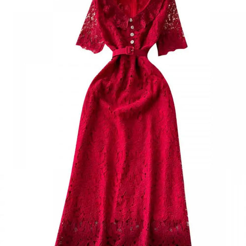 Load image into Gallery viewer, Summer Solid High Waist Button Birthday Lace Long Dress Women French Retro Elegant Short Sleeve Festival Party Evening Dress New
