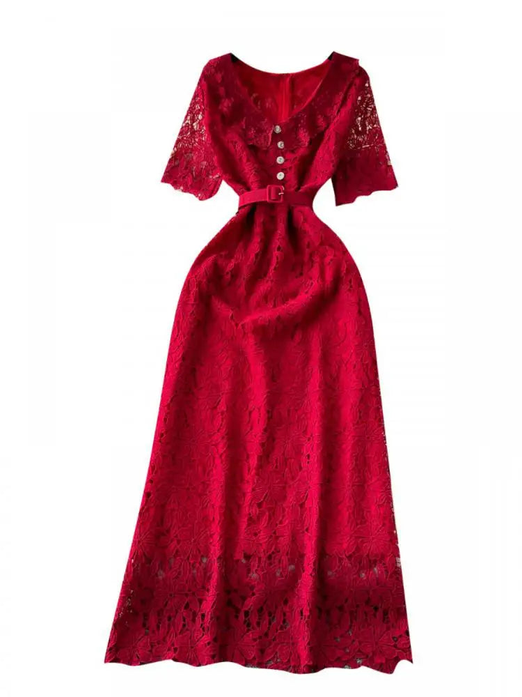 Summer Solid High Waist Button Birthday Lace Long Dress Women French Retro Elegant Short Sleeve Festival Party Evening Dress New