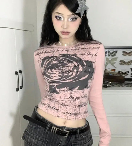 Sweet Y2k Tops Pink Tshirts for Women Long Sleeve Tunic Tees 2024 Ropa Mujer Letter Floral Fashion Camisetas Summer Sexy T Shirt