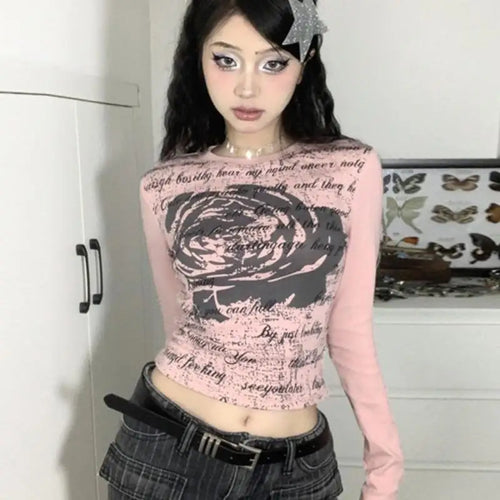 Load image into Gallery viewer, Sweet Y2k Tops Pink Tshirts for Women Long Sleeve Tunic Tees 2024 Ropa Mujer Letter Floral Fashion Camisetas Summer Sexy T Shirt
