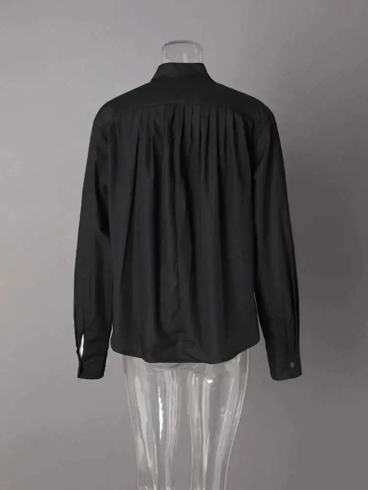 Women White Pleated Elegant Big Size Blouse New Stand Collar Long Sleeve Shirt Fashion Tide Spring Autumn 2025 CPG2608