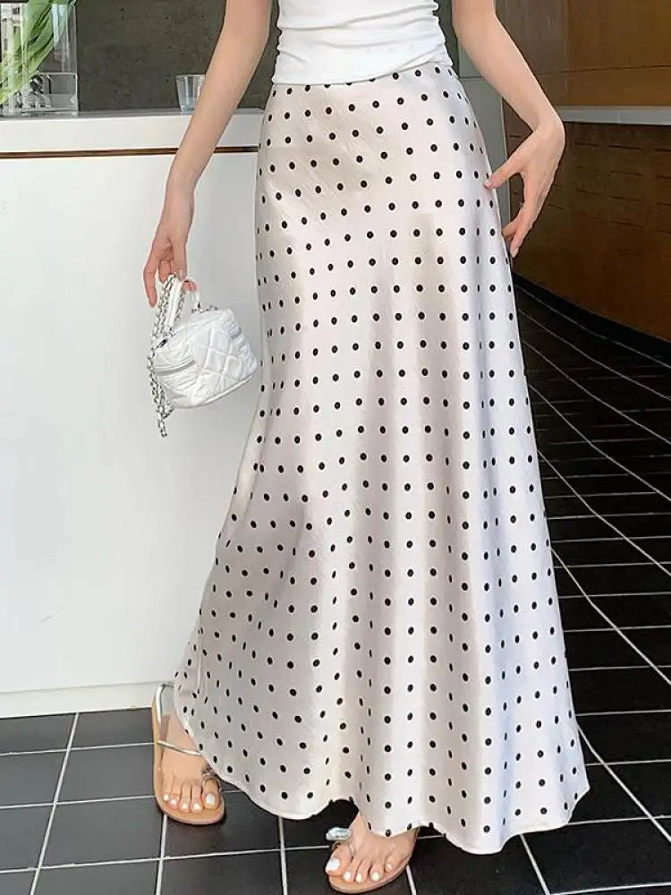 Spring Summer Vintage Black Beige Polka Dot Fishtail Long Skirts Women High Waist Slim Vacation Wrapped Hip Skirt Korean Fashion