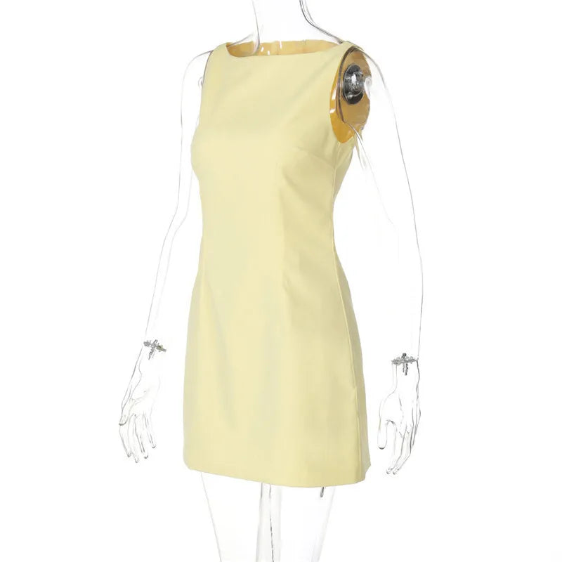 Fashion Sleeveless Sexy Mini Dress For Women Solid Color O Neck Zipper Two Layer Bodycon Club Party Dress Elegant