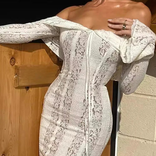 Load image into Gallery viewer, Floral Lace Off-shoulder Maxi Dress For Women White Strapless Backless Long Sleeve Bodycon Club Party Sexy Long Dress
