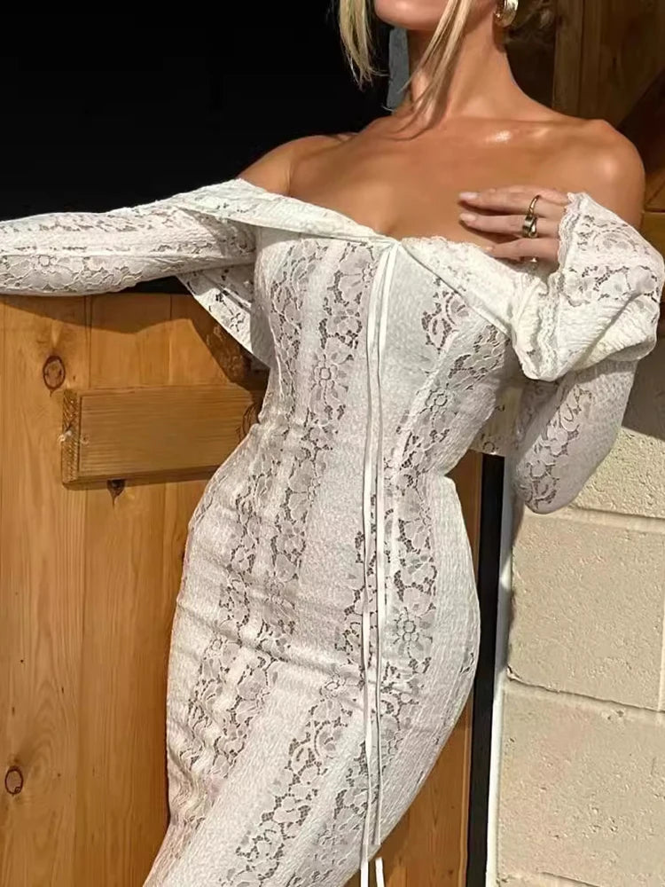 Floral Lace Off-shoulder Maxi Dress For Women White Strapless Backless Long Sleeve Bodycon Club Party Sexy Long Dress