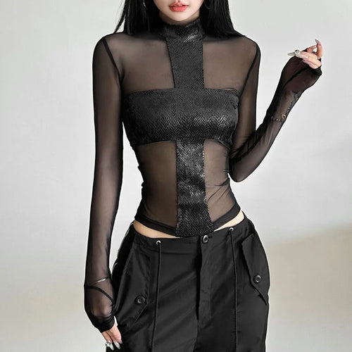 Load image into Gallery viewer, Y2k Aesthetic Cross Patchwork Gauze Shirts Streetwear Sexy Gothic Crop Tees Femme Harajuku Grunge See Through Women's T-shirt
