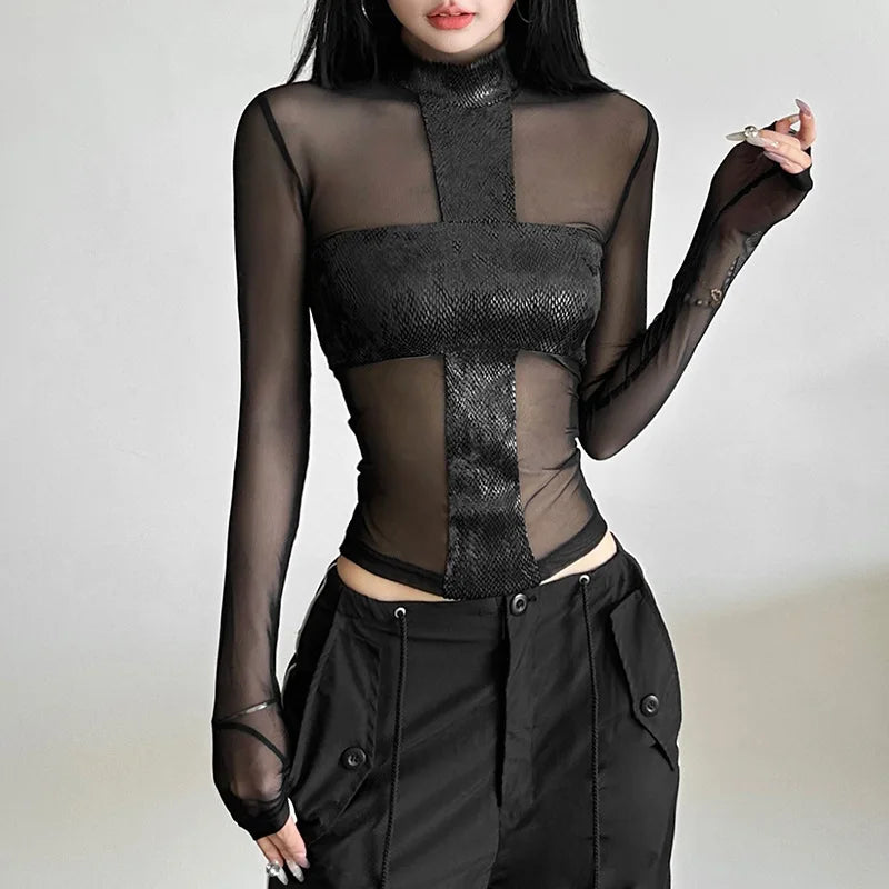 Y2k Aesthetic Cross Patchwork Gauze Shirts Streetwear Sexy Gothic Crop Tees Femme Harajuku Grunge See Through Women's T-shirt