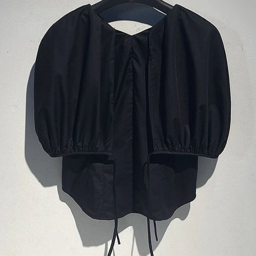 Load image into Gallery viewer, Women White Black Shaped Elegant Bud Blouse New V-Neck Short Puff Sleeve Shirt Fashion Tide Spring Summer 2025 1DJ1481
