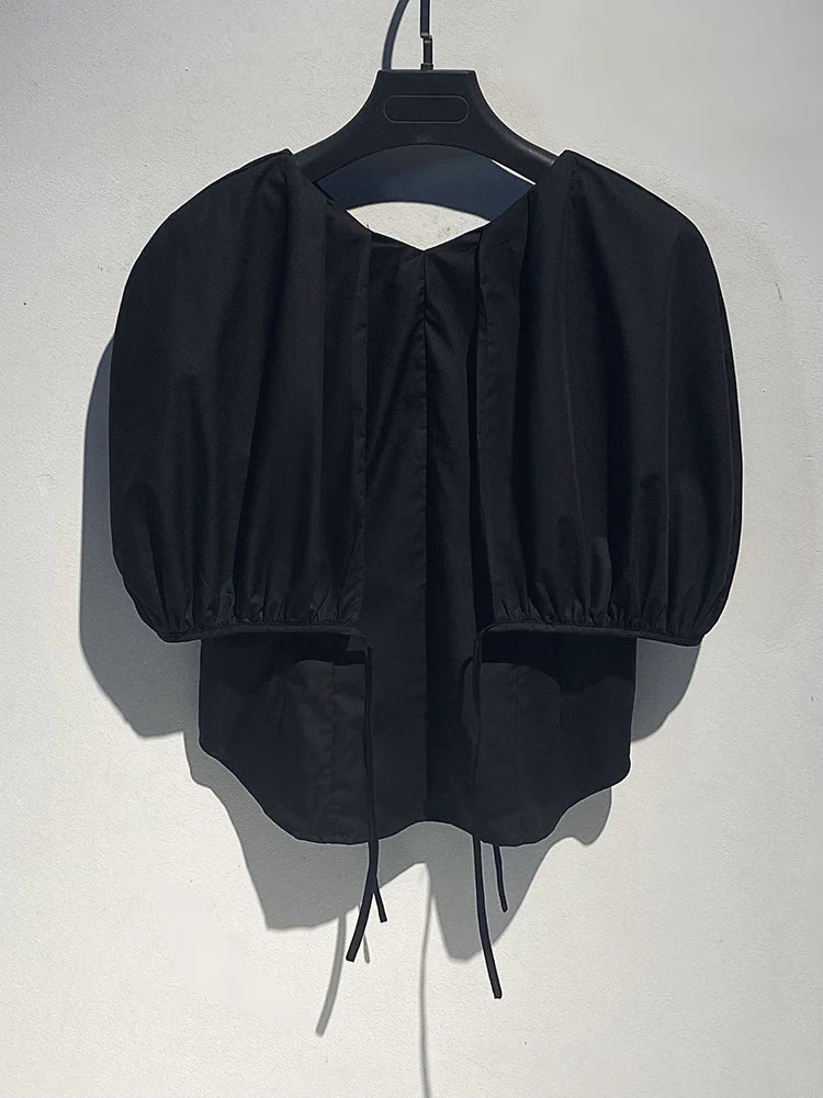 Women White Black Shaped Elegant Bud Blouse New V-Neck Short Puff Sleeve Shirt Fashion Tide Spring Summer 2025 1DJ1481