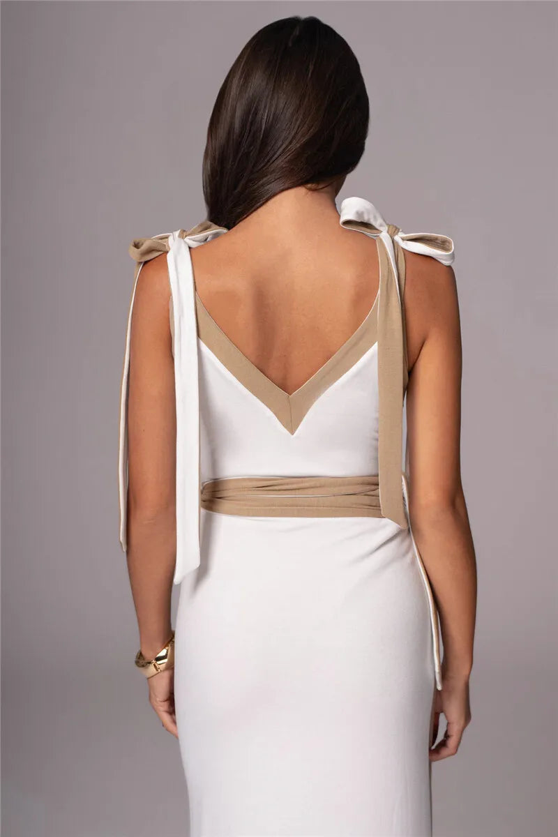 Patchwork Backless Sexy Maxi Dress  Women Fashion Spaghetti Strap V Neck Sleeveless High Split Sexy Long Dress Elegant